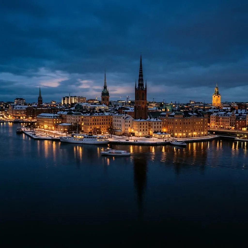 Stockholm's old town and church spires at winter dusk, lit windows reflected in the water